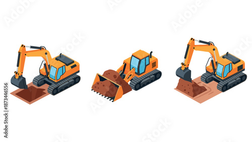 Isometric construction machinery: excavator and bulldozer set in action