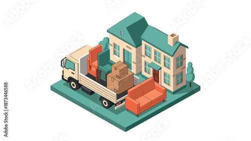 Isometric moving truck and house scene depicting relocation and home furniture arrangement