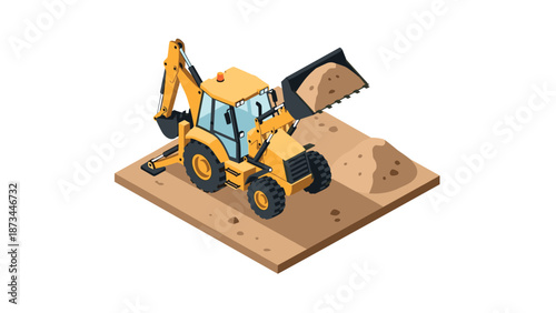Isometric construction vehicle with excavator on dirt pile in 3d design