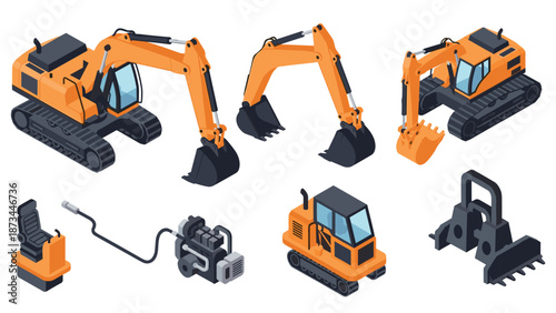 Isometric construction equipment set featuring yellow excavators and bulldozer on white background