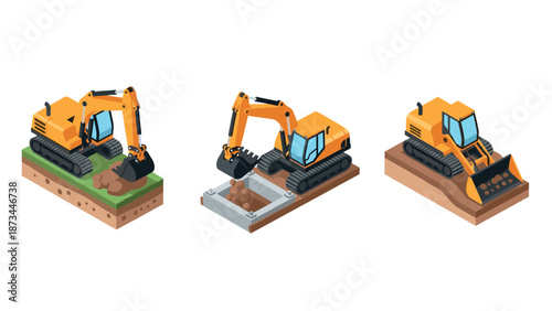 Construction vehicles in isometric view: excavator and bulldozer collection