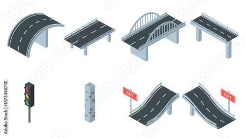Isometric road and highway elements with bridges, traffic light, and exit signs for infrastructure design