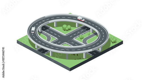 Isometric overpass intersection with cars on elevated roads and greenery