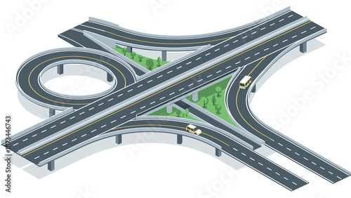 Isometric highway interchange with cars and green landscape