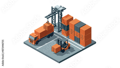 Isometric cargo logistics scene with crane, truck, forklift, and shipping containers
