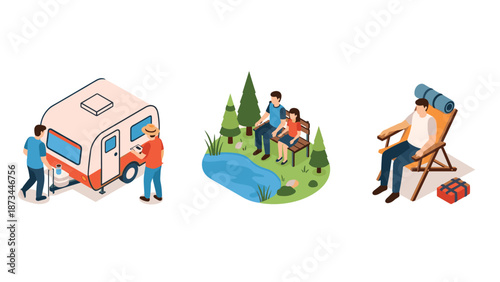 Isometric camping scenes featuring camper family relaxation and outdoor adventure