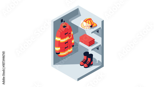 Firefighter gear in isometric 3d display with helmet, jacket, boots, and tools on a shelf