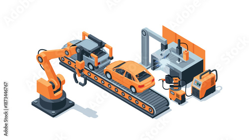 Automated car assembly line with robotic arm and welding machine