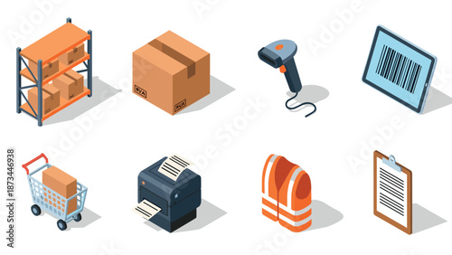 Isometric warehouse and logistics icons featuring packaging and equipment