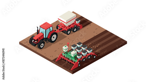 Isometric farming equipment on field with red tractor and planter machines