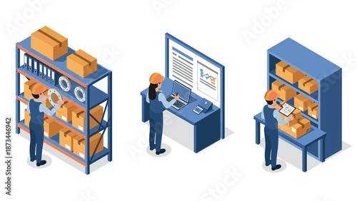 Warehouse management isometric scene with workers and logistics shelves
