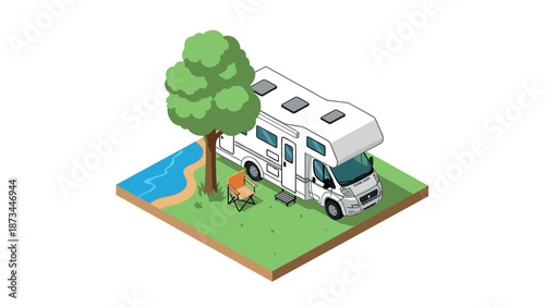 Isometric camper van with tree and chair by river on grass square