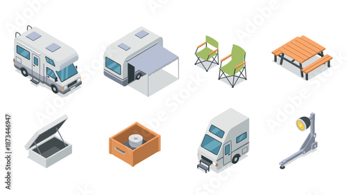 Isometric camping essentials: rvs, chairs, and picnic tables for outdoor adventures