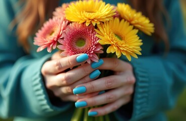Woman holds bright gerbera bouquet with blue nails. Pink and yellow spring flowers offer fresh beauty and gentle touch. Perfect for floral shops