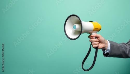 Person in grey suit holds megaphone, making announcement or calling attention. Hand with loudspeaker on mint green background. Broadcast message or sound.