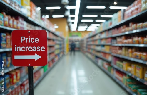 Red sign alerts shopper of price increase in grocery aisle. Products line shelves in busy supermarket. Customer faces higher cost of living.