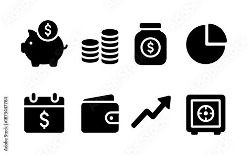Collection of financial icons including piggy bank, coins, wallet, and safe