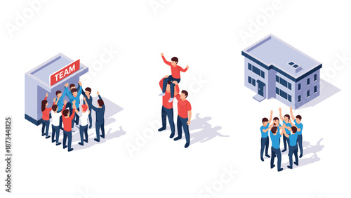 Isometric office team building and teamwork collaboration activities