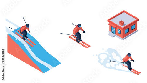 Isometric winter skiing icons: skier in action and alpine lodge