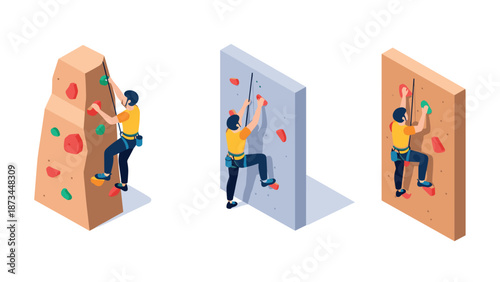 Isometric indoor climbing walls with climbers in action