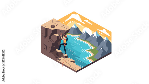 Isometric rock climbing adventure in mountainous scenic landscape