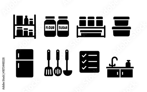 Collection of kitchen icons representing storage, appliances, and tools for cooking and organization
