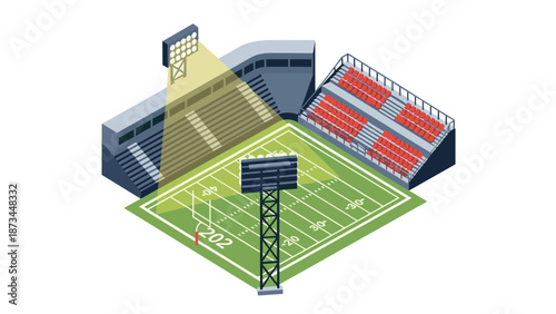 Isometric illustration of an illuminated football stadium with seating and field details