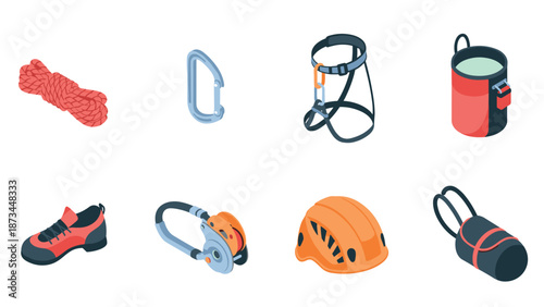 Essential climbing gear in isometric style for safe and adventurous outdoor activities