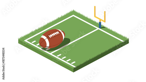 Isometric american football field with ball on grassy turf and goalpost