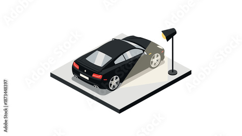 Isometric black car in minimalist display with spotlight