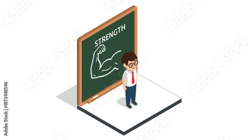 Isometric office scene with motivational board displaying strong arm illustration