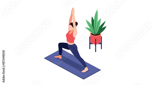 Woman practicing yoga in warrior pose with indoor plant