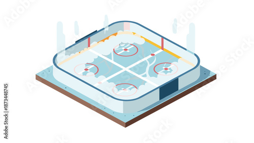 Isometric ice hockey rink with transparent walls and detailed surface design