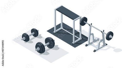 Isometric gym equipment set with dumbbells and barbell rack on white background