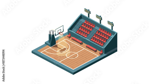 Isometric basketball court design with bleachers and hoop under stadium lights
