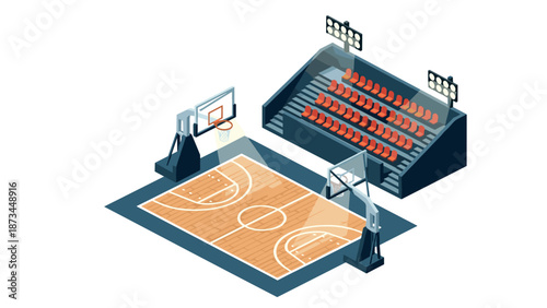 Isometric indoor basketball court with seating and lighting
