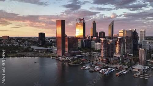 Sunset over Perth City CBD, Western Australia – 4K aerial drone footage of skyline, modern skyscrapers, urban cityscape and evening light