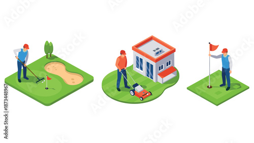 Isometric golf course maintenance: lawn mowing and flag setting on greens