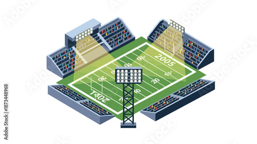 Isometric football stadium with floodlights and colorful audience seats on match day