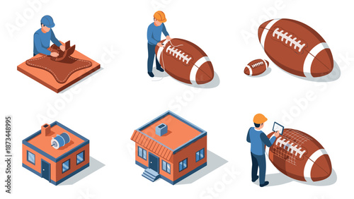 Isometric manufacturing process of american footballs and equipment assembly