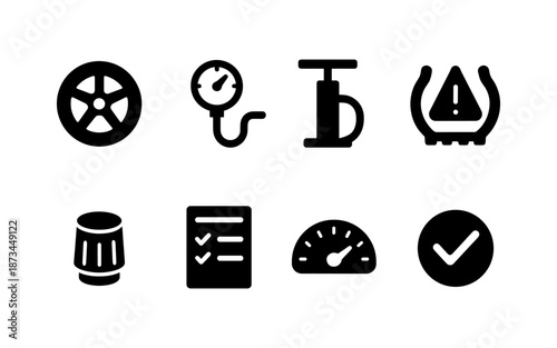 Car maintenance icons showing tire, gauge, pump, warning, filter, checklist, speedometer, and checkmark