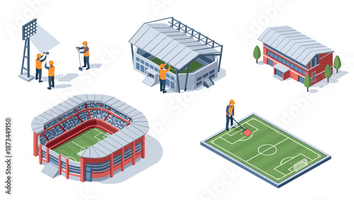Isometric sports facility design with stadium and field workers