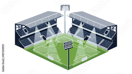 Isometric soccer stadium with floodlights and stands for sports events and matches