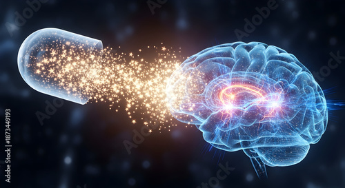 Pill releasing particles into human brain, representing cognitive enhancement and mental health.