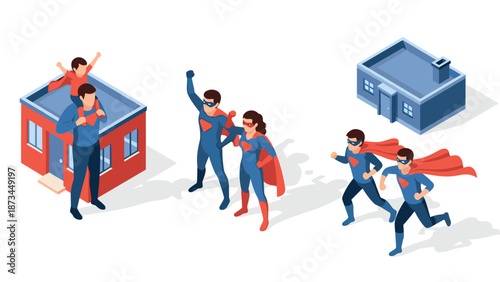 Team of superheroes in isometric style with family and house elements