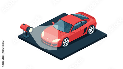 Isometric red sports car under spotlight on display platform