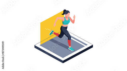 Isometric female runner in motion with geometric background for fitness designs