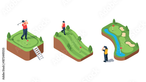 Isometric golf course with players and flags in 3d design