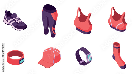 Isometric activewear set: shoes, leggings, sports bra, cap, watches, and socks