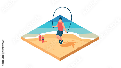Isometric beach workout: man skipping rope by the sea with water bottles